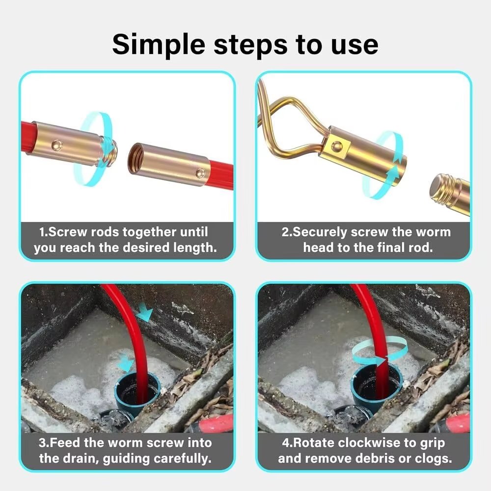 14 Piece Professional 30ft Drain Pole Set Kit Heavy Duty Unlocking Plunger Worm Scraper 9m Cleaning Pole with Carrying Case - Image 6