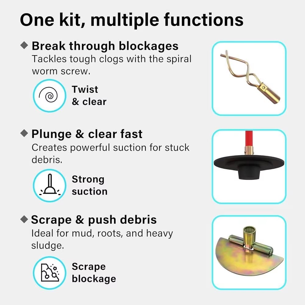 14 Piece Professional 30ft Drain Pole Set Kit Heavy Duty Unlocking Plunger Worm Scraper 9m Cleaning Pole with Carrying Case - Image 5