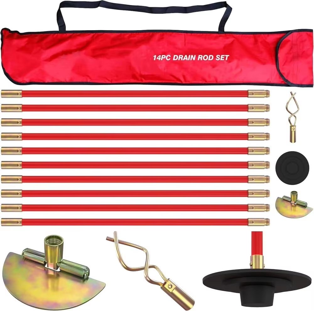 14 Piece Professional 30ft Drain Pole Set Kit Heavy Duty Unlocking Plunger Worm Scraper 9m Cleaning Pole with Carrying Case